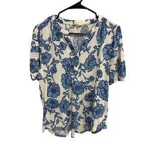 Como Blu Blue White Floral Button-Up Top Size L Lightweight Stretch Lace Detail